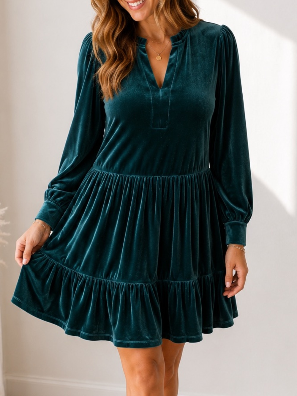 1. STATE Velvet Tiered Mini Dress Emerald Green Long Sleeve Soft Size S NWOT